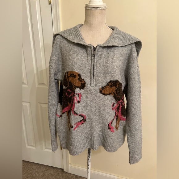 Urban Outfitters Quarter Zip Grey Dogs Print Sweater size M - Picture 2 of 11